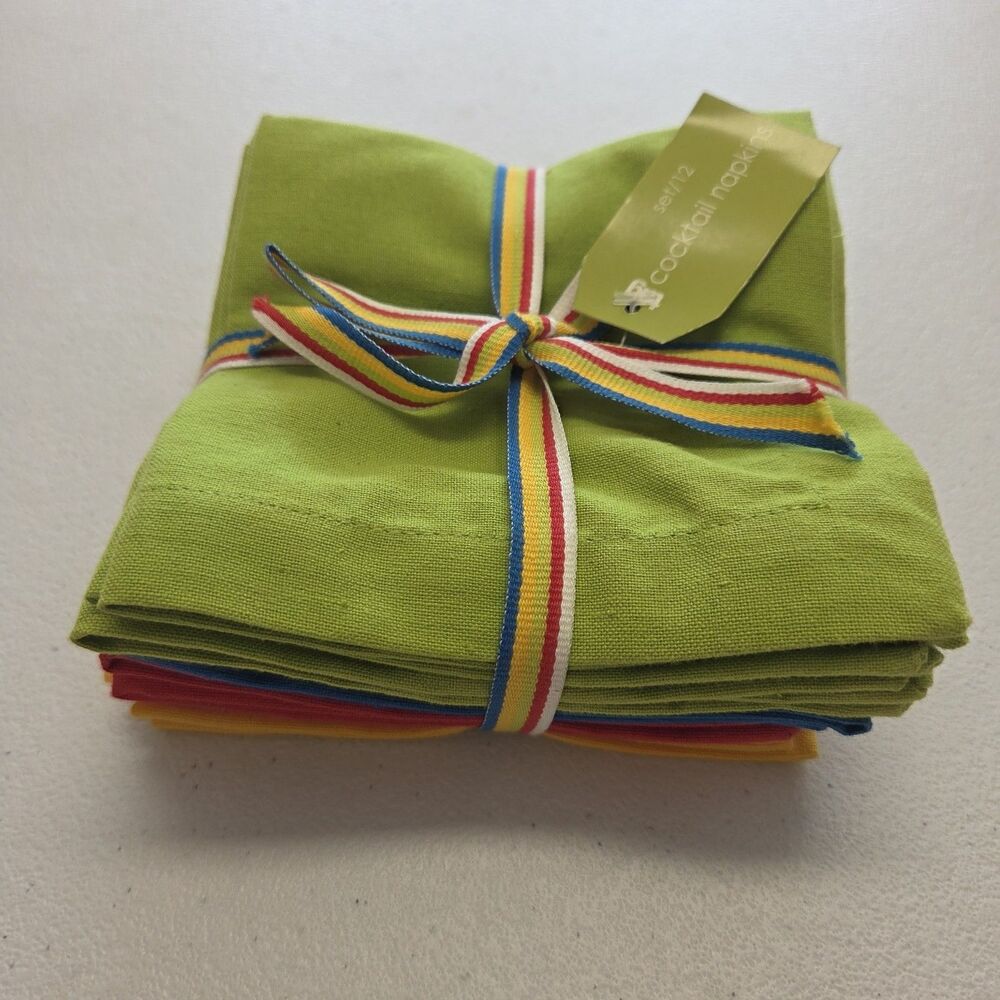 Tag Brand 100% Cotton 12 Cocktail Napkins 10" X 10" Yellow Red Blue Green New